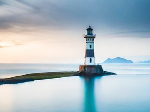 Маяк в спокойном море у горизонта